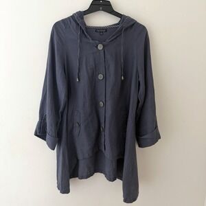 For Cynthia Jacket Women's M Blue Hooded Button Front 100% Linen Lagenlook Boho